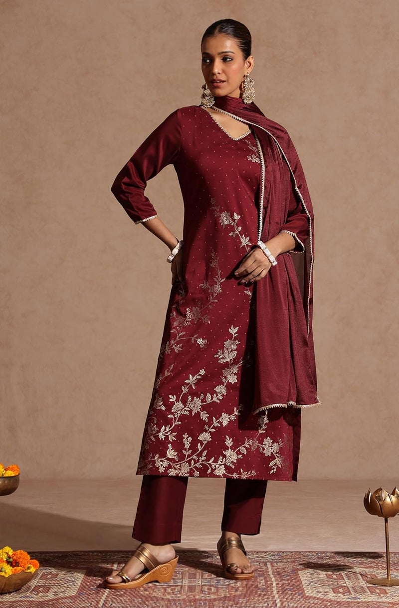 Janasya Women Kurta Pant With Dupatta Set in Maroon - Image 2